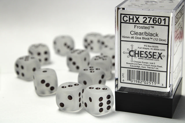 Chessex - 12 Piece D6 - Frosted Clear/Black