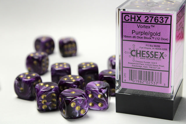 Chessex - 12 Piece D6 - Vortex Purple/Gold