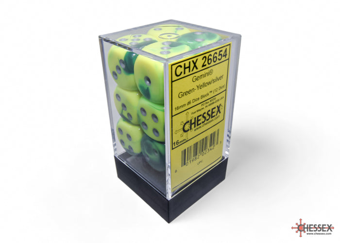 Chessex - 12 Piece D6 - Gemini Green-Yellow/Silver