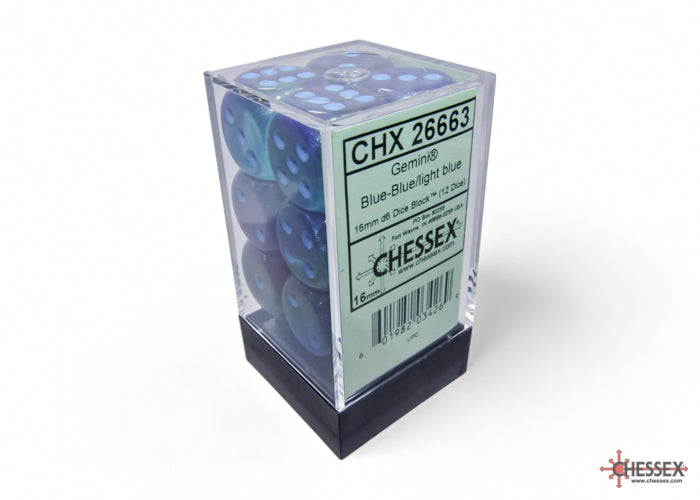 Chessex - 12 Piece D6 - Gemini Blue-Blue/Light Blue Luminary