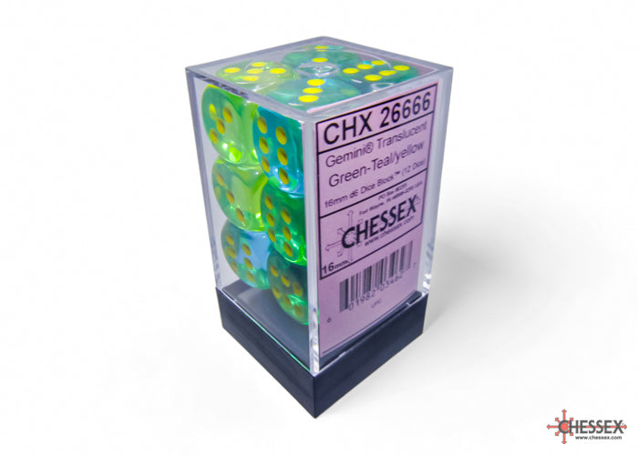 Chessex - 12 Piece D6 - Gemini Translucent Green-Teal/Yellow