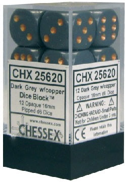 Chessex - 12 Piece D6 - Opaque Dark Grey/Copper