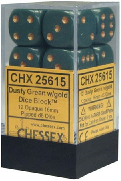 Chessex - 12 Piece D6 - Opaque Dusty Green/Copper