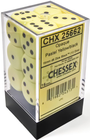Chessex - 12 Piece D6 - Opaque Pastel Yellow/Black