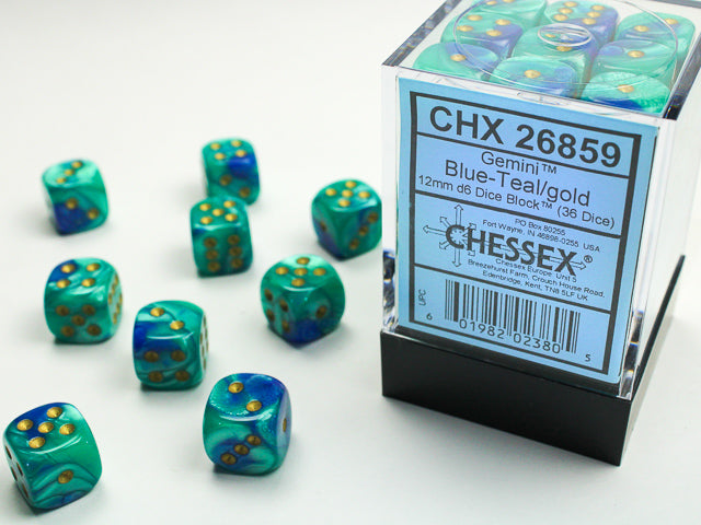 Chessex - 36 Piece D6 - Gemini Blue-Teal/Gold