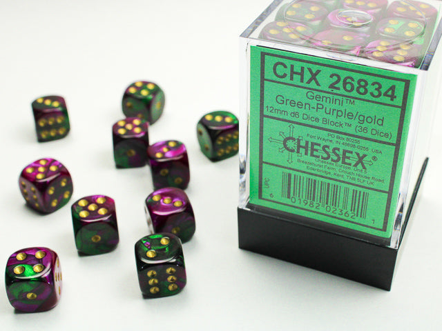 Chessex - 36 Piece D6 - Gemini Green-Purple/Gold
