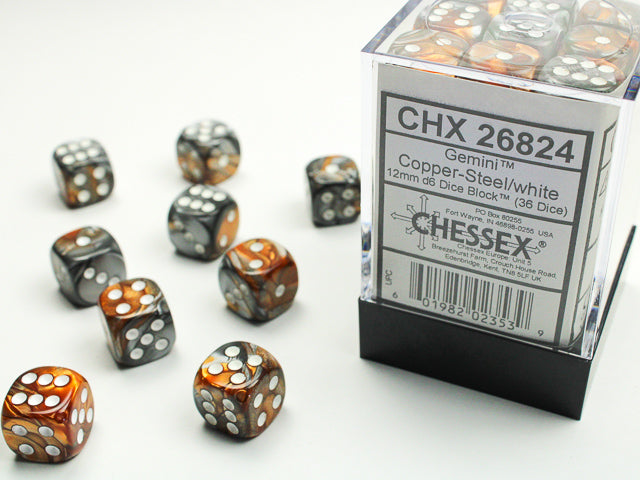Chessex - 36 Piece D6 - Gemini Copper-Steel/White