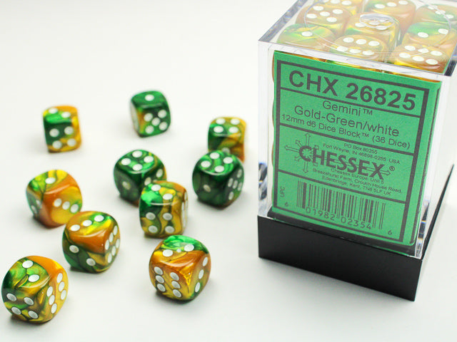 Chessex - 36 Piece D6 - Gemini Gold-Green/White