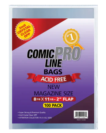 Comic Pro Line New Magazine Size Bags – 8 7/8″ x 11 1/8″ with 2″ flap