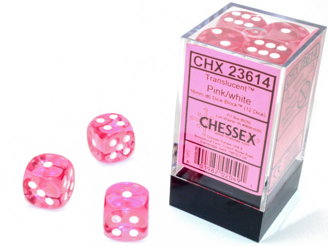 Chessex - 12 Piece D6 - Translucent Pink/White