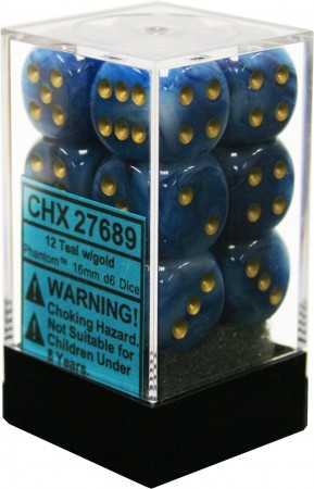 Chessex - 12 Piece D6 - Phantom Teal/Gold