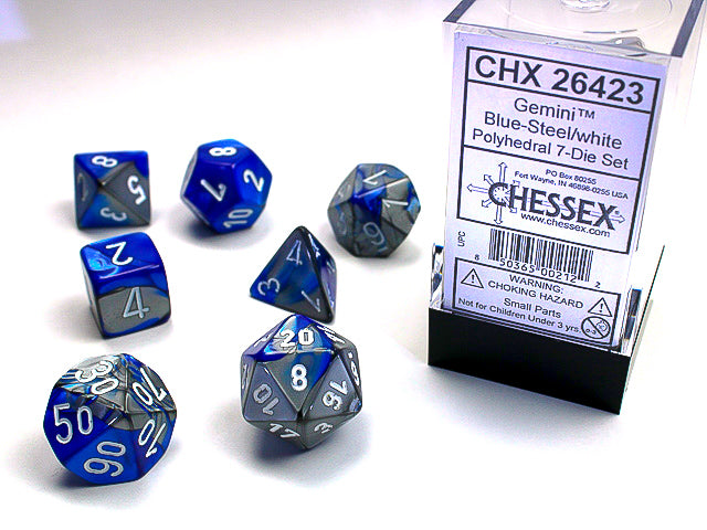 Chessex - 7 Piece - Gemini Blue-Steel/White