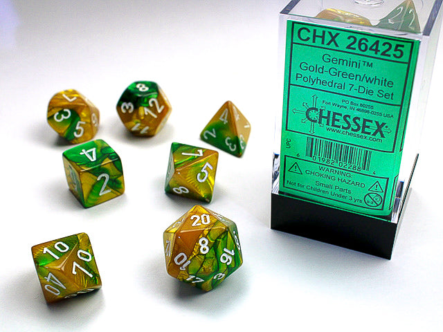 Chessex - 7 Piece - Gemini Gold Green/White