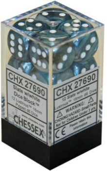 Chessex - 12 Piece D6 - Lustrous Slate/White