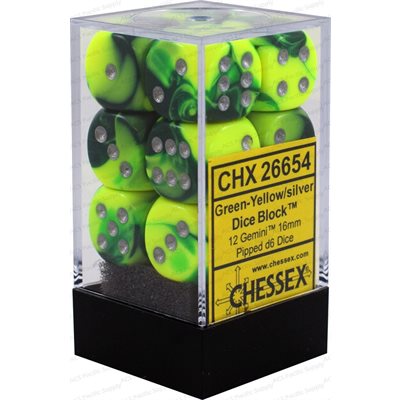 Chessex - 12 Piece D6 - Gemini Green-Yellow/Silver