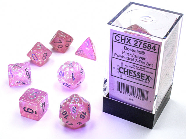 Chessex - 7 Piece - Borealis Pink/Silver Luminary