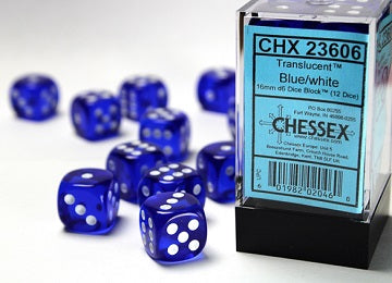 Chessex - 12 Piece D6 - Translucent Blue/White